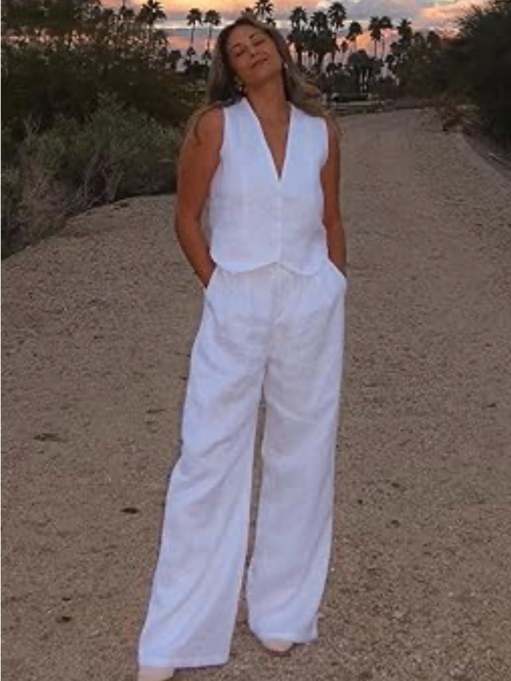 Women’s 2-Piece Wide-Leg Linen Pants & Vest in White